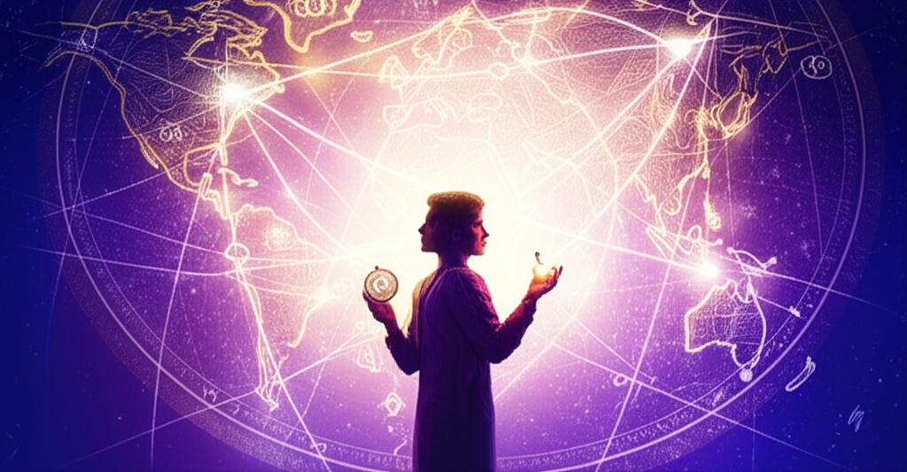 Человек изучает мировую карту с астрологическими линиями, символизирующую натальная карта и переезд в другую страну.