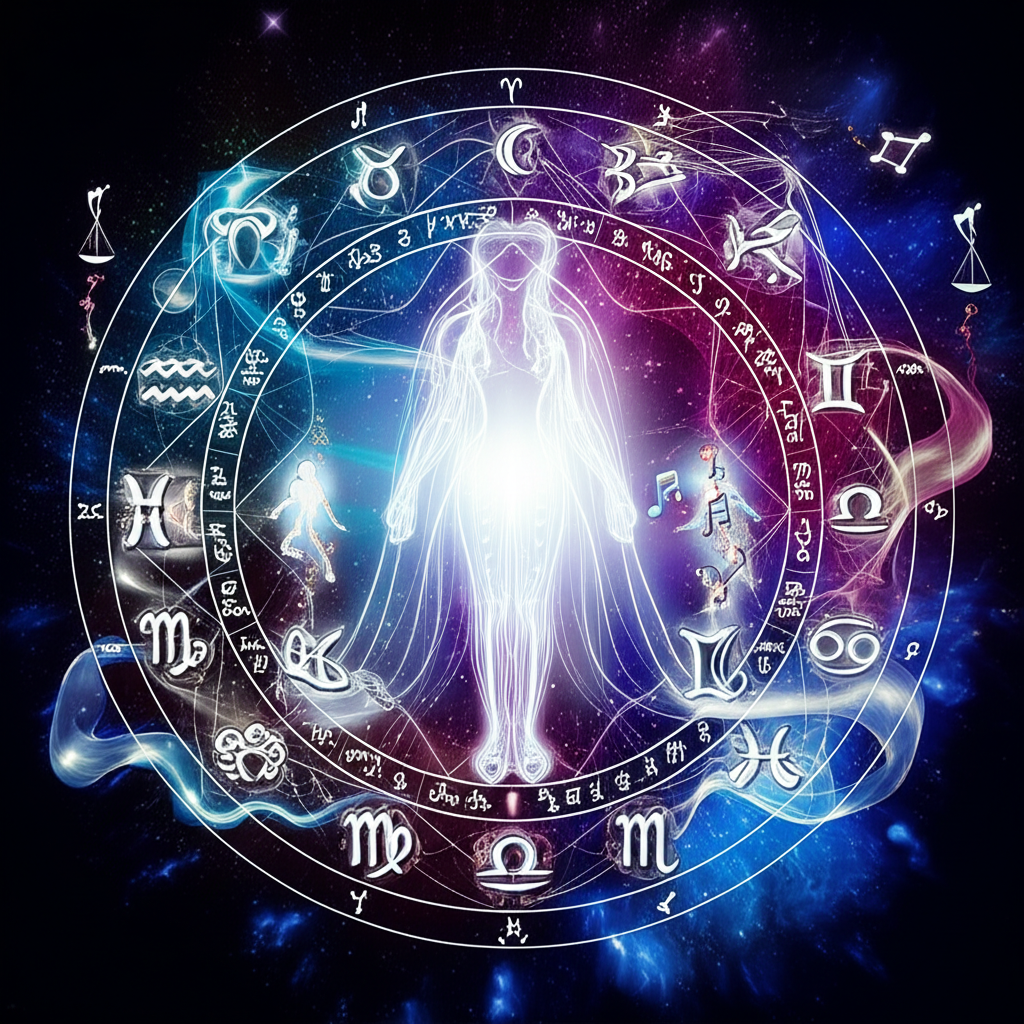 Мистическое изображение натальной карты, символизирующее раскрытие творчество талантов и потенциала человека.