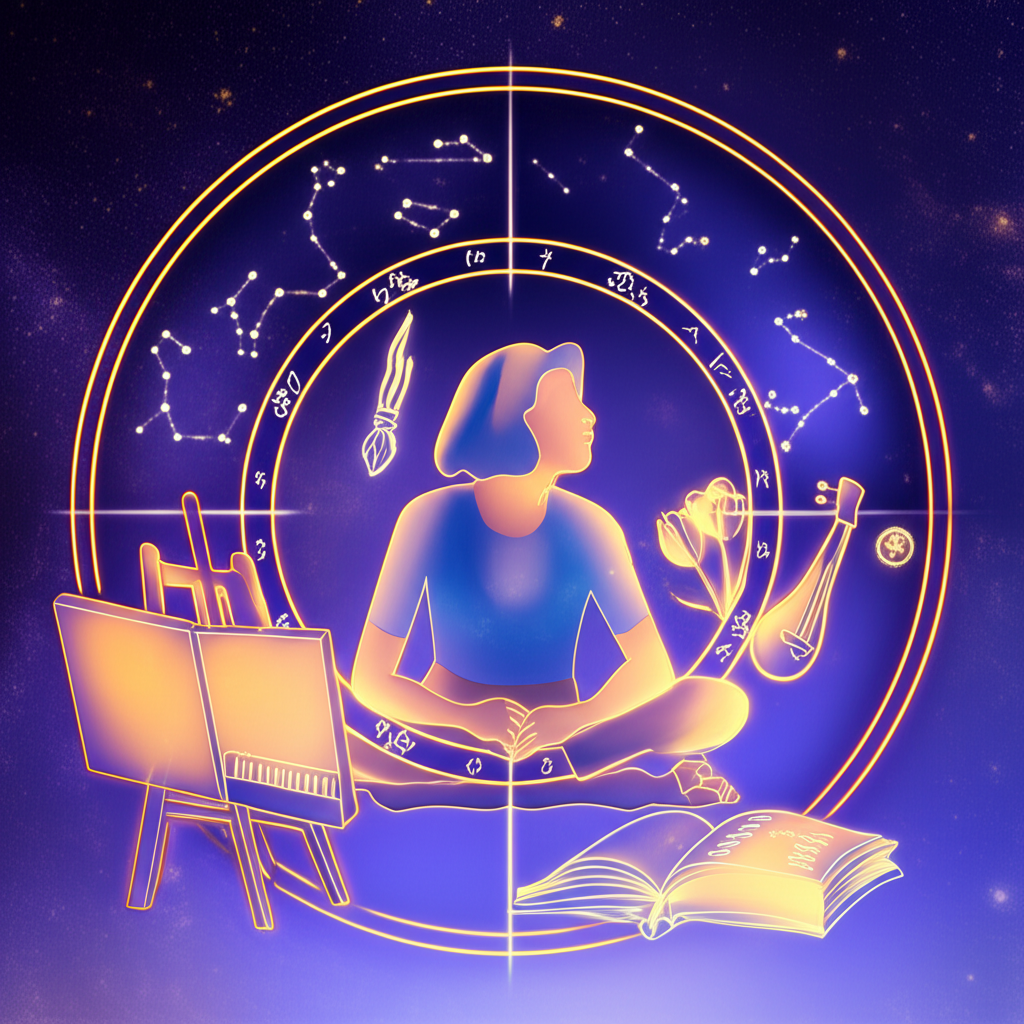 Изображение, символизирующее связь между астрологическими элементами натальной карты и выбором хобби для самореализации.