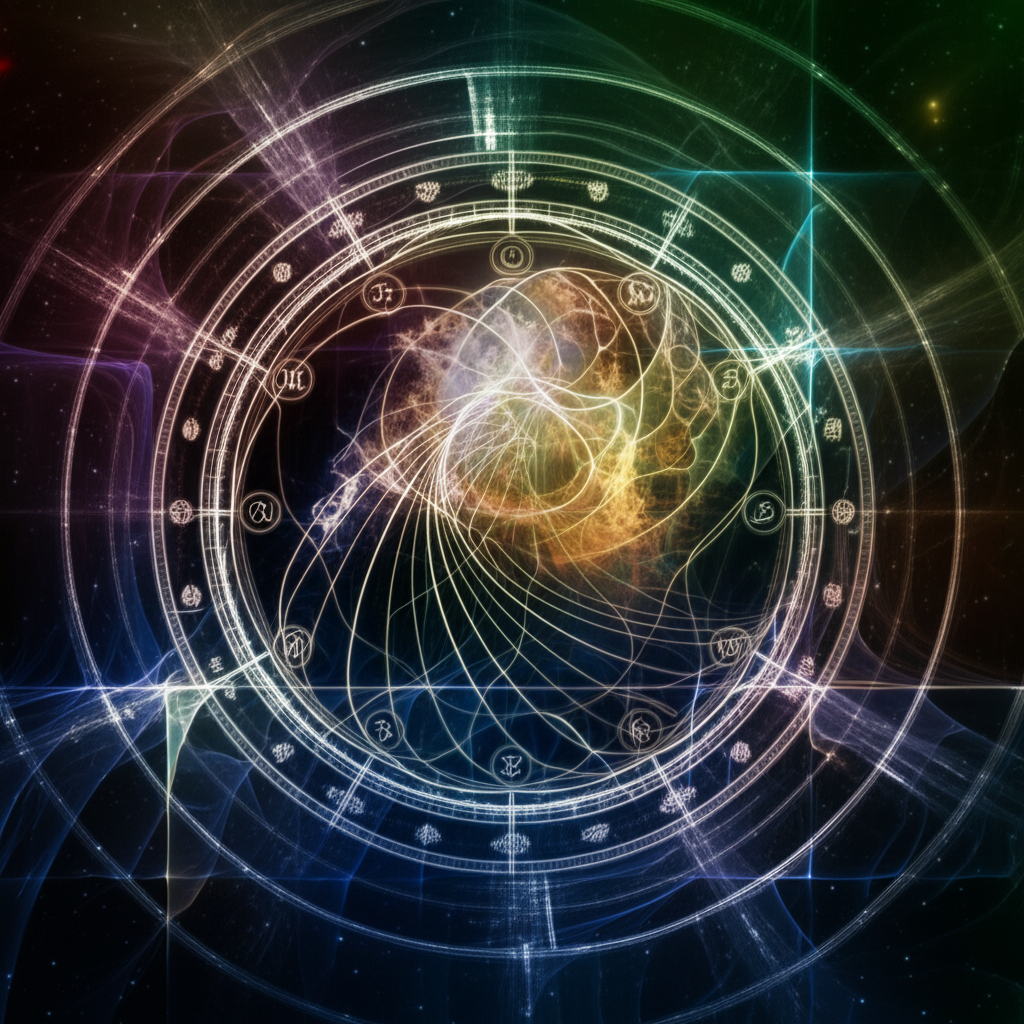 Изображение абстрактной натальной карты на фоне звездного неба, символизирующее связь между астрологией и здоровьем психическим.