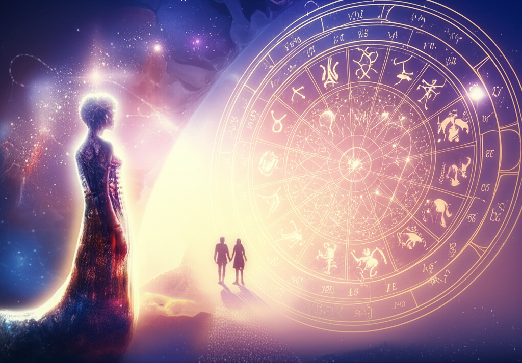 Изображение демонстрирует концепцию натальной карты любви, помогающей найти партнера, с элементами астрологии и символизма отношений.