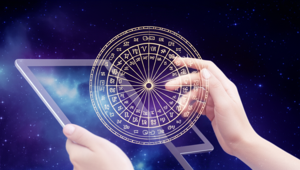 Персональная натальная карта он онлайн на экране планшета с зодиакальным кругом и планетами.