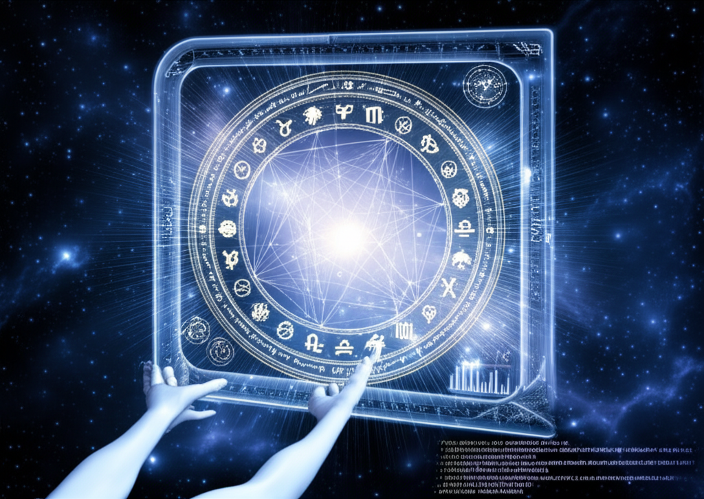 Изображение сложной натальной карты онлайн, освещенной мягким светом, с символами планет и знаков зодиака, демонстрирующей цифровое самопознание.