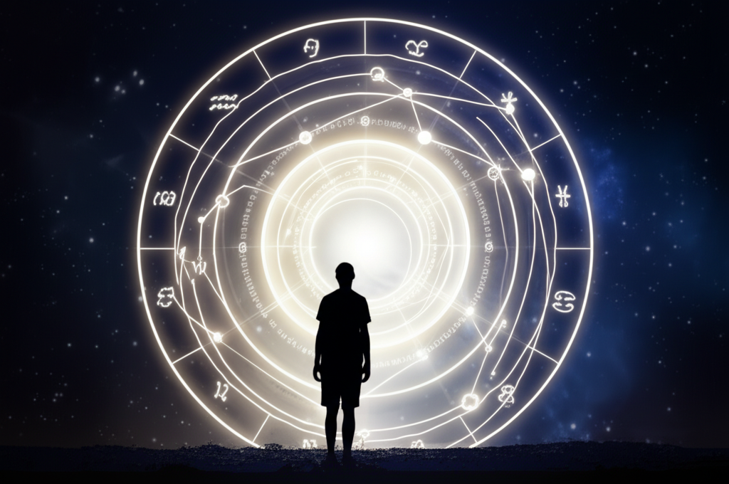 Светящаяся на альная карта онлайн на фоне звёздного неба и силуэта человека.