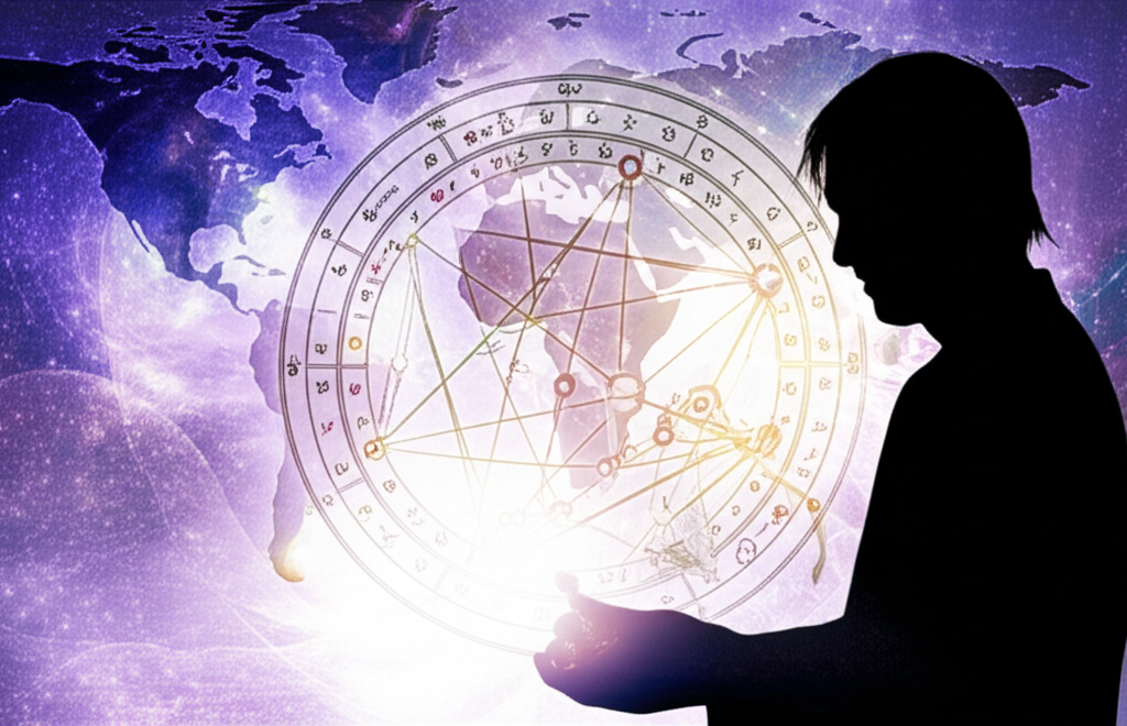 Изображение демонстрирует мистическую связь между натальной картой и географической картой мира, символизируя процесс выбора места для релокации с помощью астрологии. Натальная карта переезда релокация.
