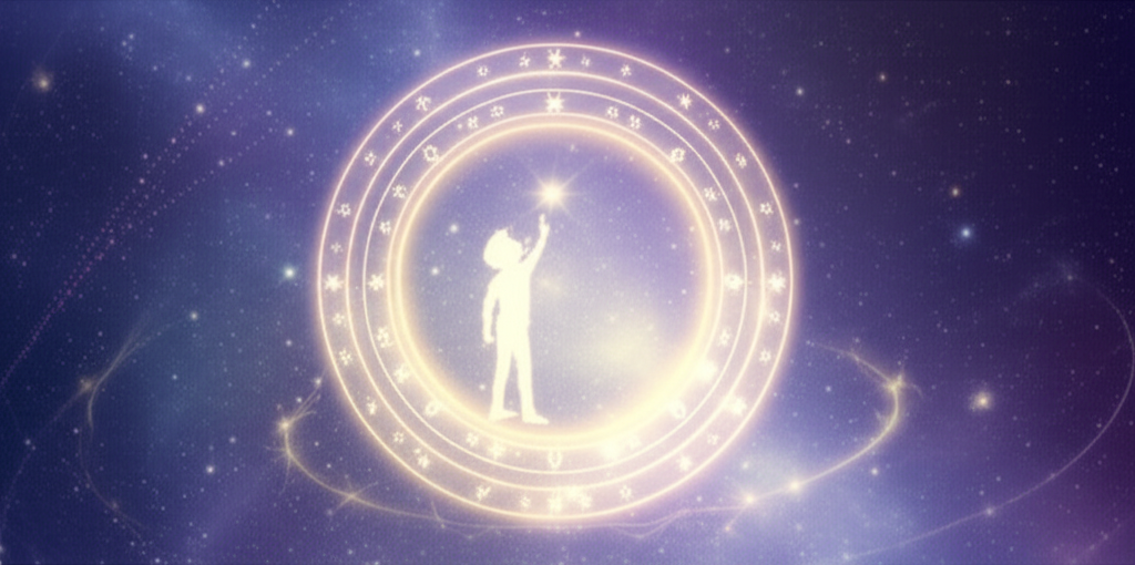 Астрологическая натальная карта ребенка, изображенная как светящийся круг на фоне звездного неба, символизирующая потенциал.