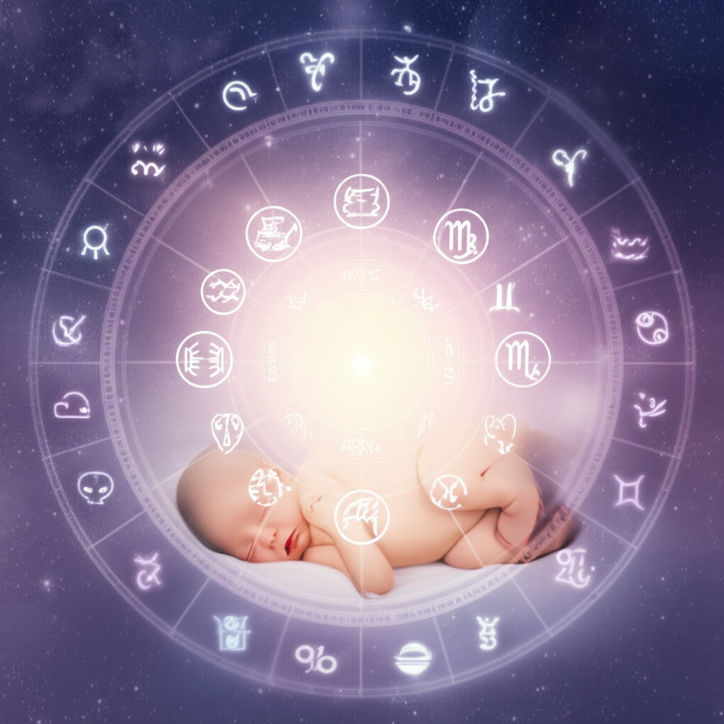 Спящий младенец окруженный космическими символами, символизирующими натальную карту ребенка