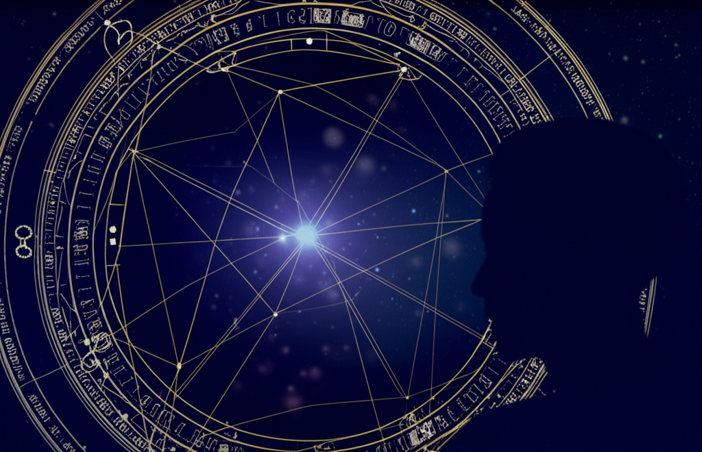 Ваша персональная натальная карта с расшифровкой по дате рождения бесплатно, изображенная как космическая схема.