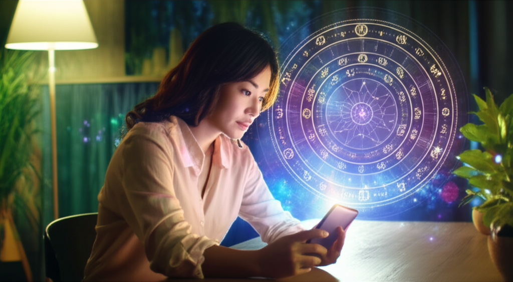 Девушка в уютной комнате изучает свой гороскоп, чтобы натальная карта смотреть вк было максимально удобно и информативно.
