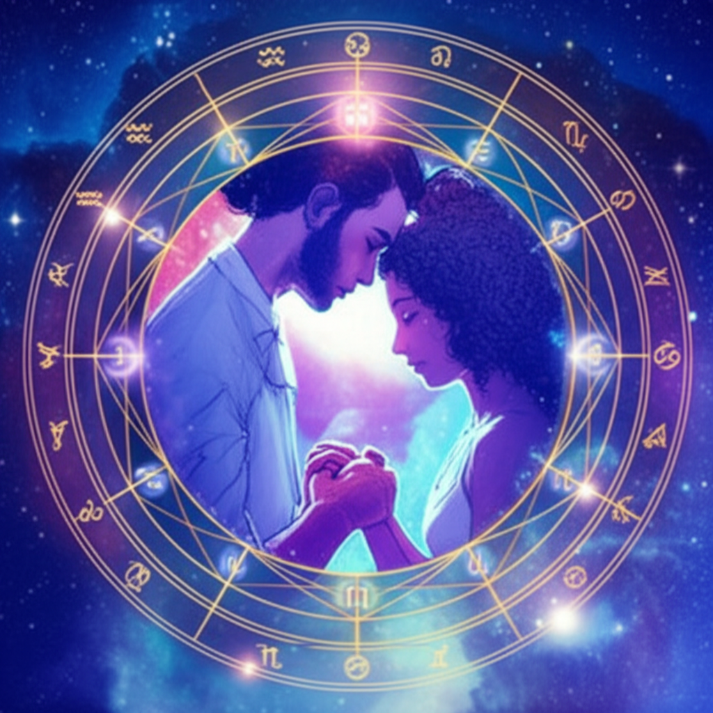 Две фигуры, соединенные линиями и символами астрологической натальной карты, символизирующие натальную карту совместимости с партнером и глубокую связь.