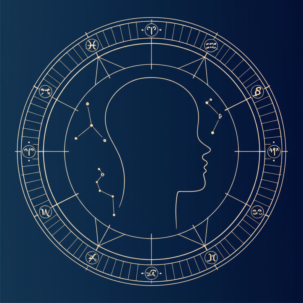 Детально прорисованная натальная карта с планетами и знаками зодиака на фоне космоса.