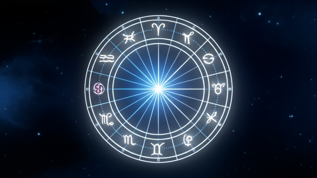 Схематичное изображение, которое показывает натальный гороскоп онлайн с планетами и знаками.
