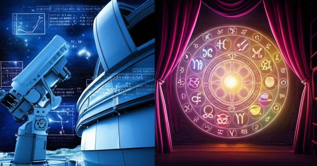Инфографика, иллюстрирующая научные исследования астрологии на фоне звездного неба и планет.