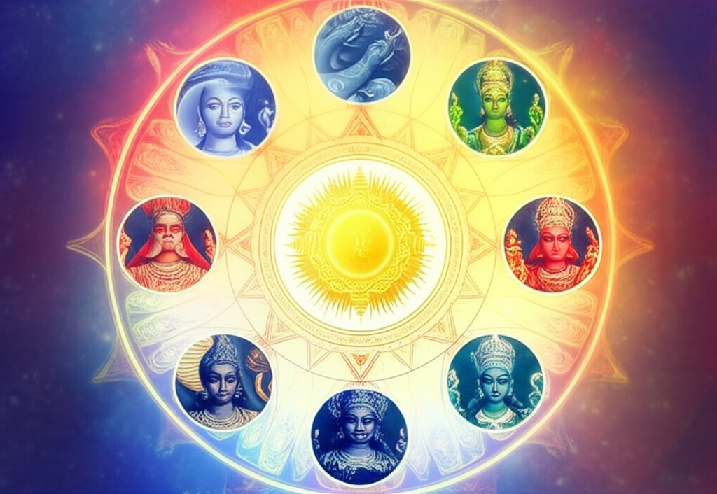 Изображение Наваграхи девять планет, выполненное в мистическом индийском стиле, показывает каждое небесное тело с его уникальными атрибутами.