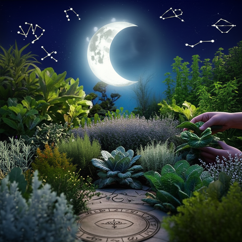 Изображение демонстрирует гармоничное сочетание садоводства с небесными циклами, подчеркивая принципы астрологии для садоводства лунный календарь, с цветущими растениями под лунным светом и элементами зодиака.
