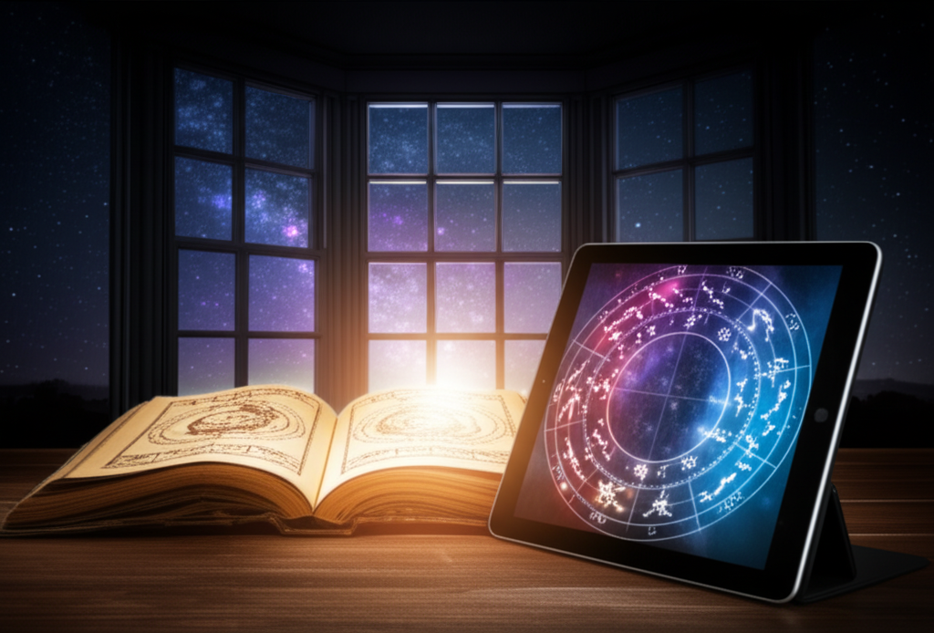 Астрологическая схема, где можно неподвижные звезды в натальной карте рассчитать онлайн на экране планшета.