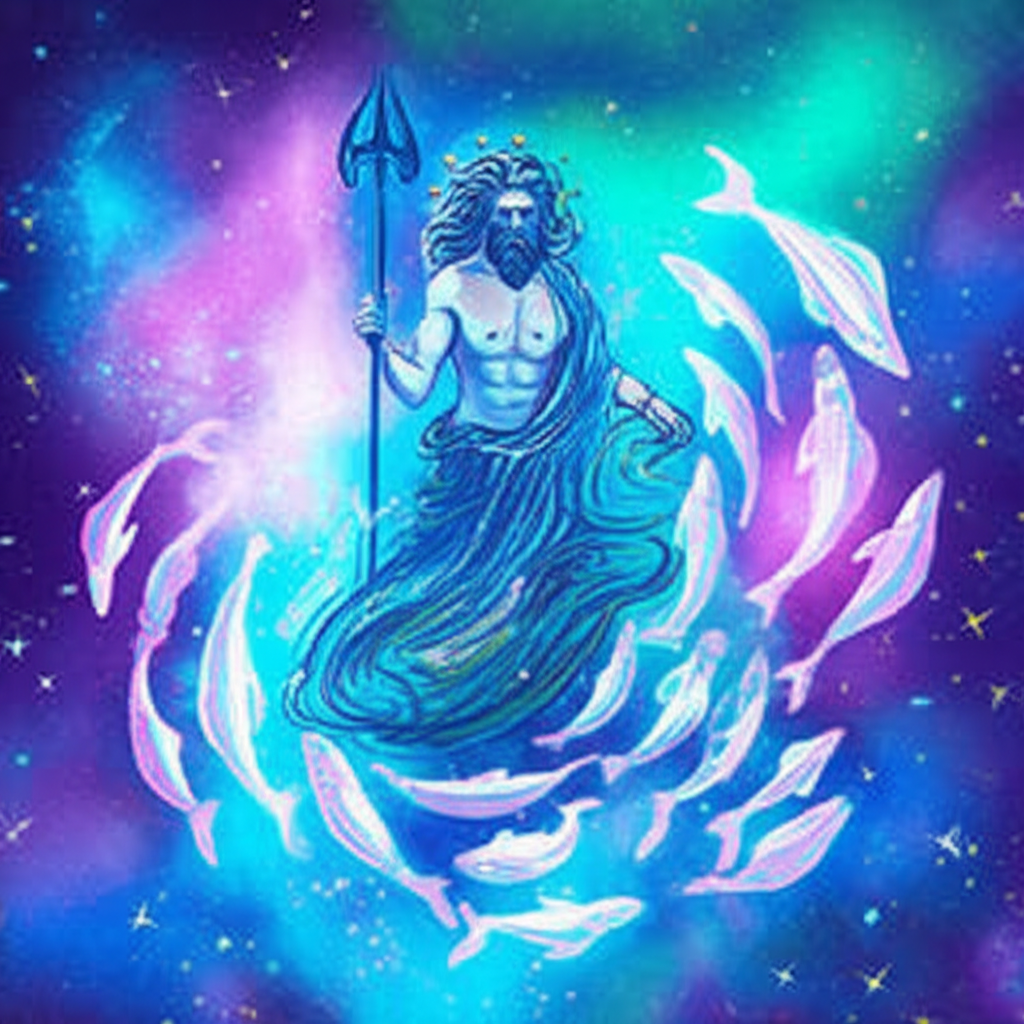 Мистическое изображение Нептуна как правителя Рыб, окруженного сияющими рыбами в космическом океане, символизирующее глубокую связь планеты с интуицией и духовностью знака Рыб.