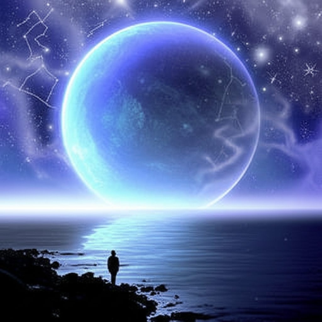 Загадочная планета Нептун в астрологии на фоне космического океана и звездного неба.