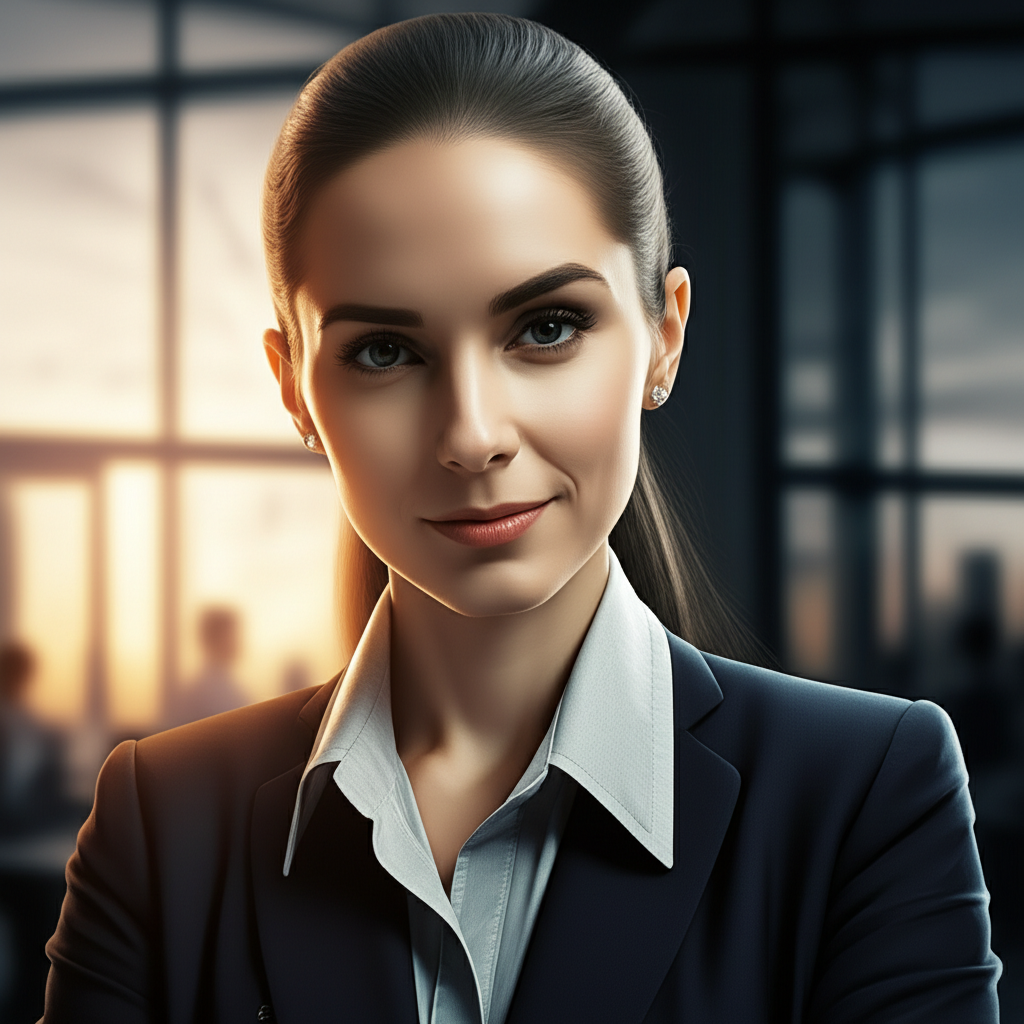 Женщина-Скорпион в деловом костюме с уверенным выражением лица, символизирующая карьерный успех и стратегическое мышление.