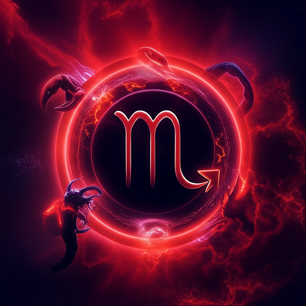 Иллюстрация, символизирующая мощное и глубокое значение Марса в натальной карте в Скорпионе, с элементами астрологии и мистики.