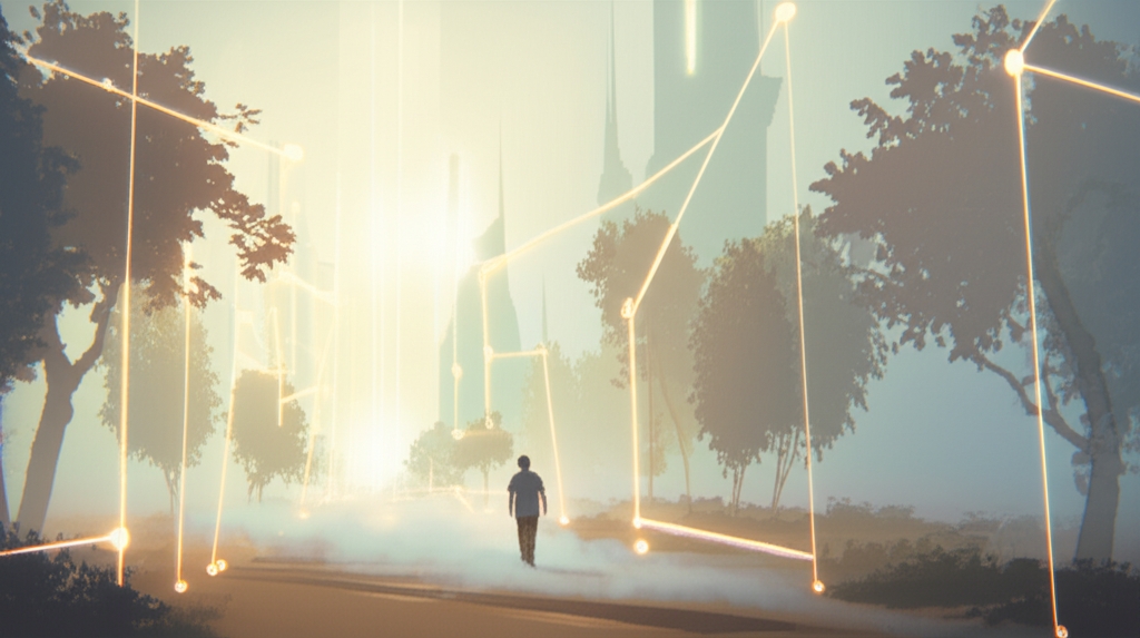 Абстрактная визуализация концепции, где незримая помощь для каждого представлена в виде светящихся нитей поддержки.