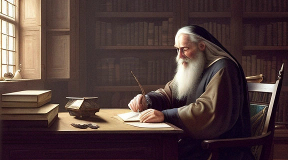 Изображение Нострадамуса, человека легенды, в его кабинете, окруженного старинными книгами и астрологическими инструментами.