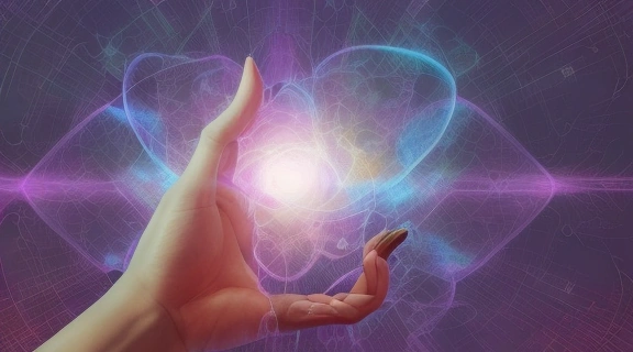 Изображение демонстрирует концепцию Нумерология номера телефона с рукой, держащей светящийся смартфон, окруженный цифрами и энергетическими потоками.