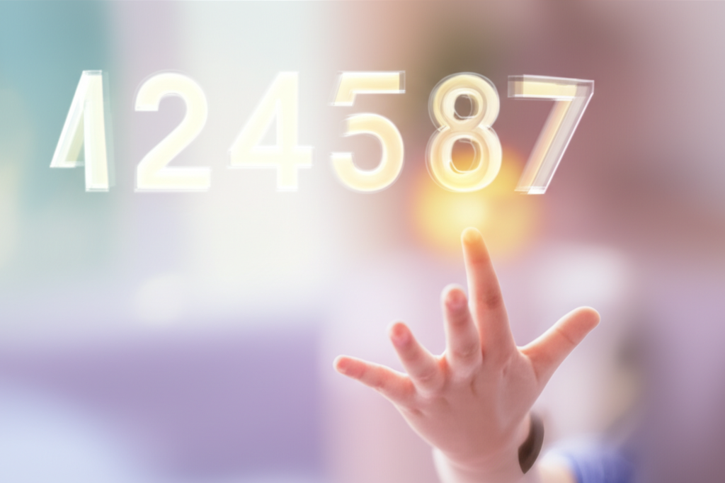 Детская рука касается сияющих цифр, раскрывая тайны, которые хранит нумерология о детях.