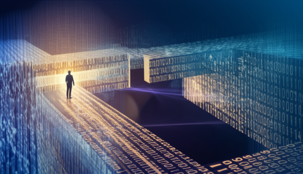 Символическое изображение, где нумерология проблемы и препятствия показаны в виде светящегося цифрового лабиринта, который предстоит пройти человеку.