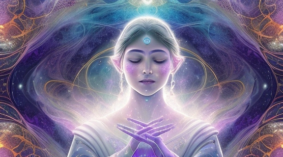 Загадочная женщина изучает светящиеся нумерологические символы и космические паттерны, символизирующие Нумерология судьбы.