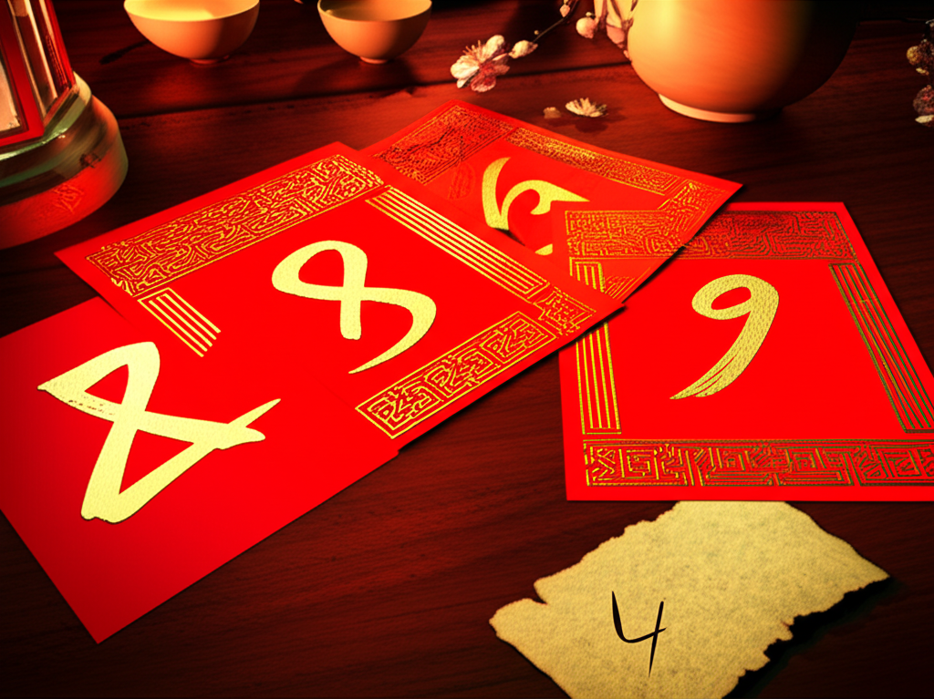 Иллюстрация, раскрывающая тему нумерология в Китае, с красными конвертами и каллиграфией счастливых чисел.