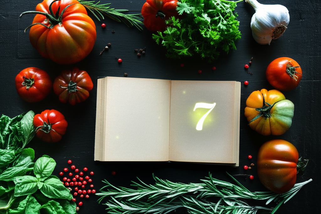 Эстетичная композиция ингредиентов и чисел, иллюстрирующая концепцию нумерология в кулинарии.