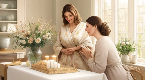 Семья проводит обряд имянаречения для младенца в уютной комнате, окруженной близкими.