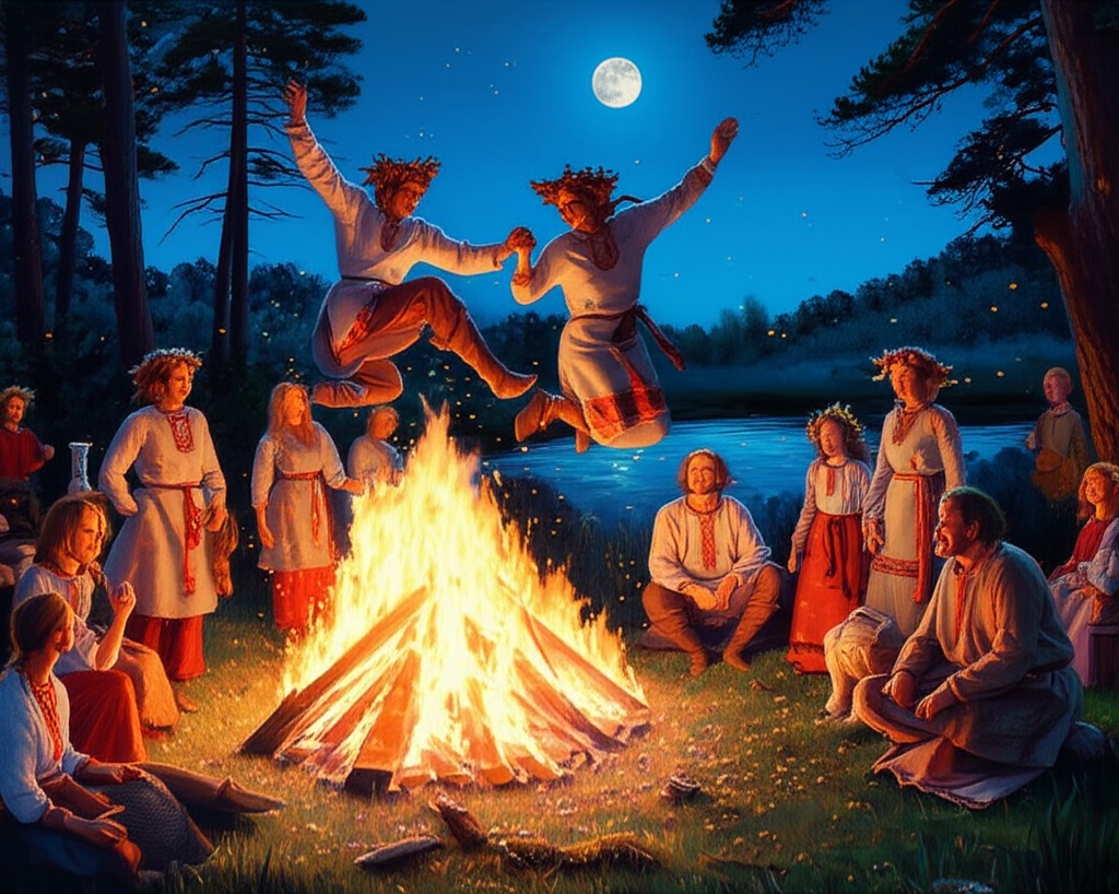 Древние славянские обряды на Ивана Купалы: молодежь в венках прыгает через очищающий костер.