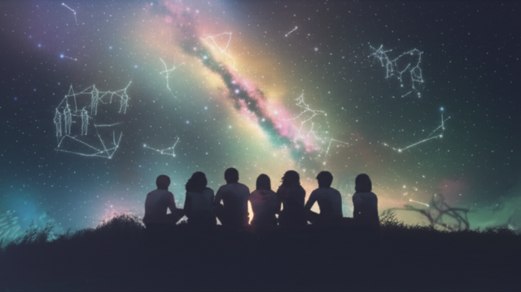 Схематичное изображение, где одиннадцатый дом друзья и мечты представлены как группа людей под звёздным небом.