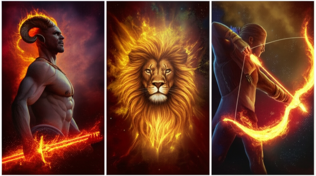 Астрологическая иллюстрация, где показаны огненные знаки зодиака — Овен, Лев и Стрелец в виде символических фигур.