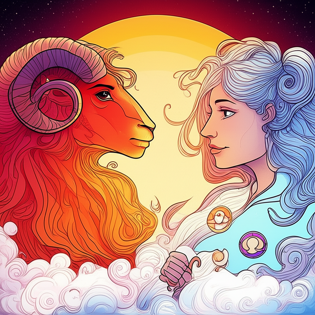 Схематическое изображение огненного Овна и воздушных Весов, символизирующих баланс и взаимодействие в контексте дружбы, отражая знак зодиака Овен совместимость с Весами дружба.