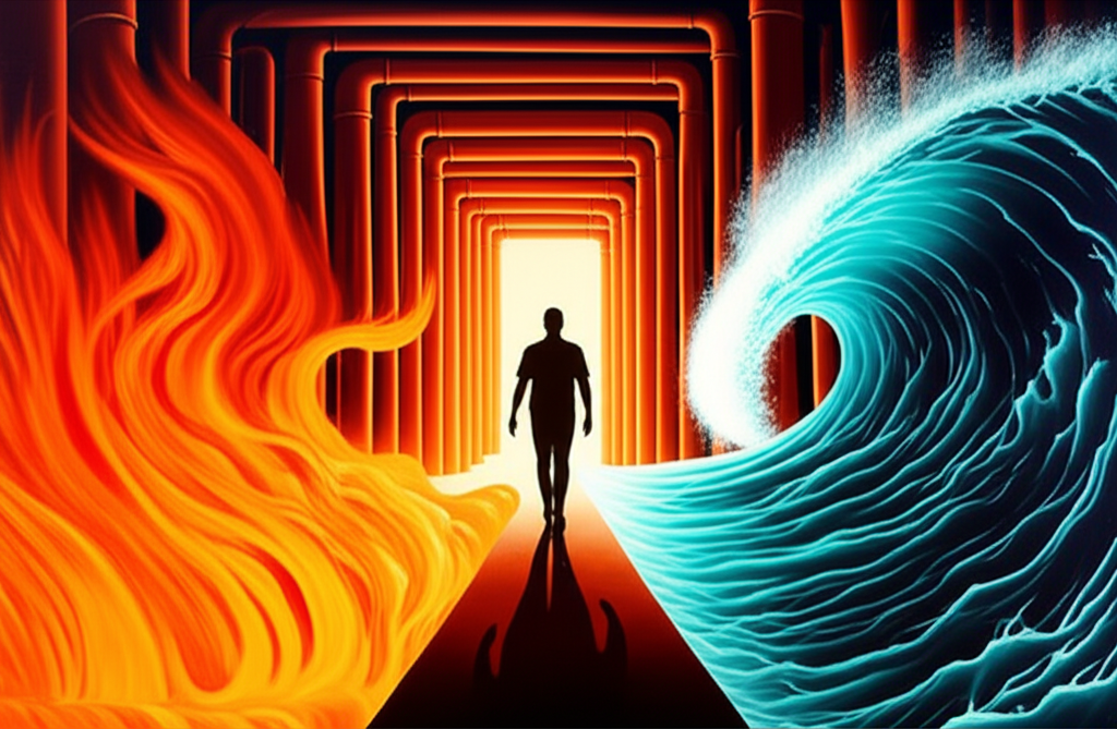 Символическое изображение испытаний 'огонь вода медные трубы', где человек проходит через трудности.