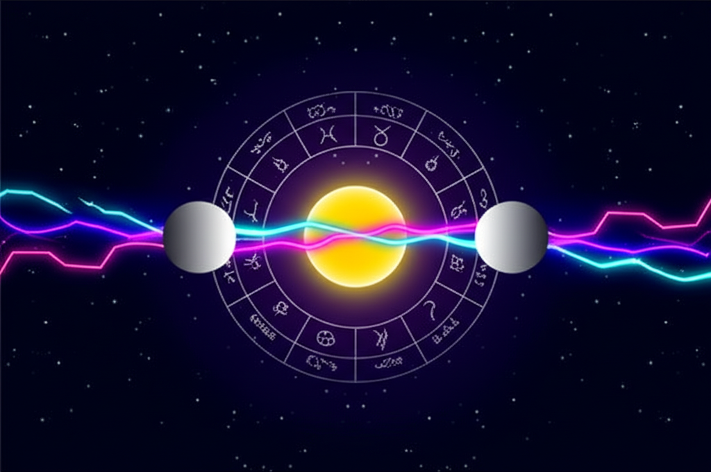 Схематическое изображение аспекта оппозиция в астрологии на фоне зодиакального круга.