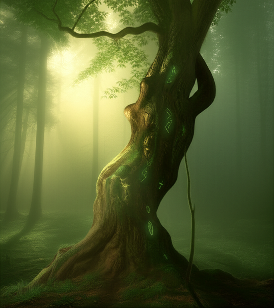 Древний лесной орешник мифология древних славян в туманном лесу с рунами на коре.