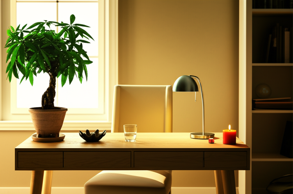 Идеальная организация рабочего места по фэн-шуй с правильным расположением стола и балансом элементов.