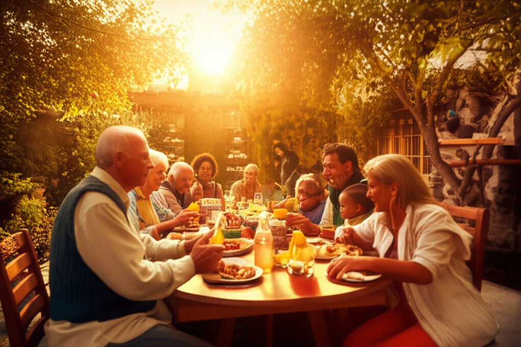 Продуманная организация семейных встреч: большая дружная родня за праздничным столом на природе.