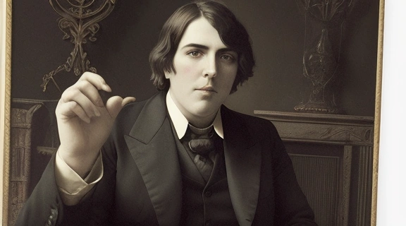 Оскар Уайльд хиромантия: Изображение, демонстрирующее задумчивого Оскара Уайльда, рассматривающего линии на своей ладони в окружении викторианских оккультных символов, подчеркивающее его интерес к предсказаниям.