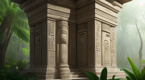 Древняя майяская стела, покрытая иероглифами и символами, демонстрирующая особенности календаря майя и их астрономические знания.