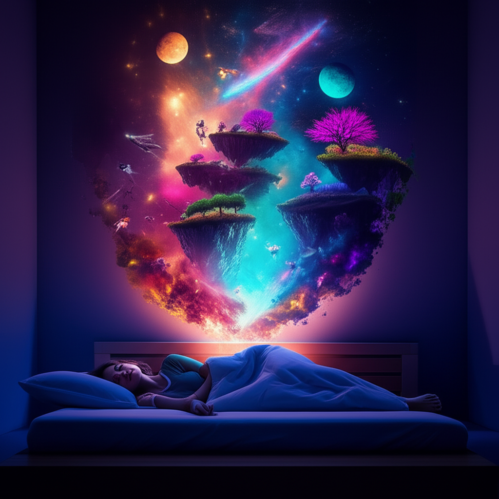 Человек, парящий в фантастическом мире, — яркий пример того, что даёт осознанные сновидения практика.