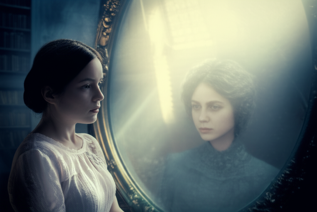Женщина смотрит в зеркало и видит отголоски прошлых жизней в своем отражении.