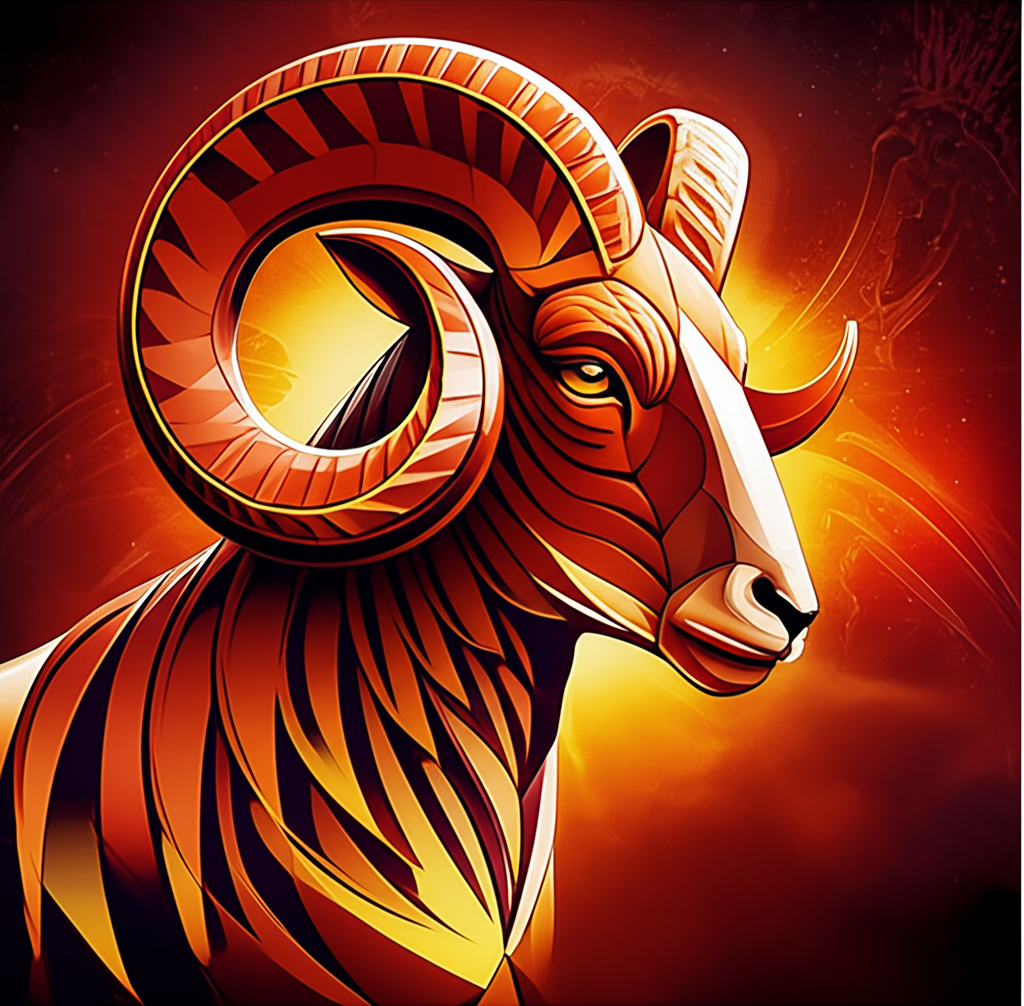 Стилизованное изображение барана с мощными рогами, окруженного огненными всполохами, символизирующее знак овен в астрологии.