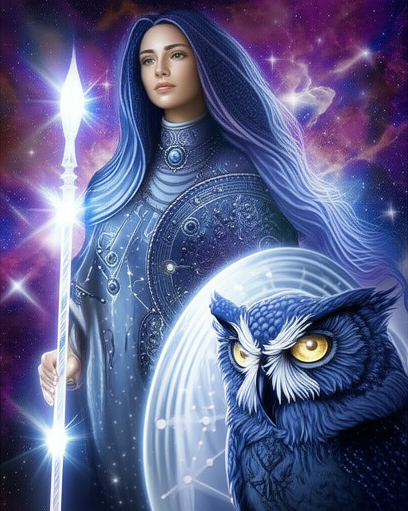 Богиня мудрости и стратегии Паллада в астрологии на фоне космического пейзажа со звездами.