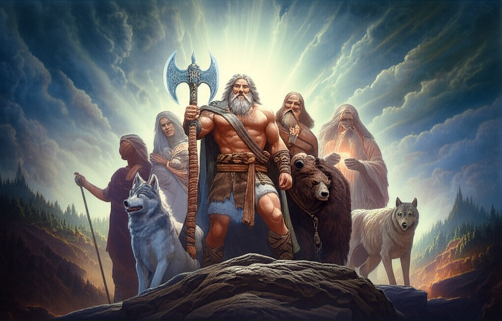 Величественный пантеон древних славян, изображающий верховных богов на фоне природы.