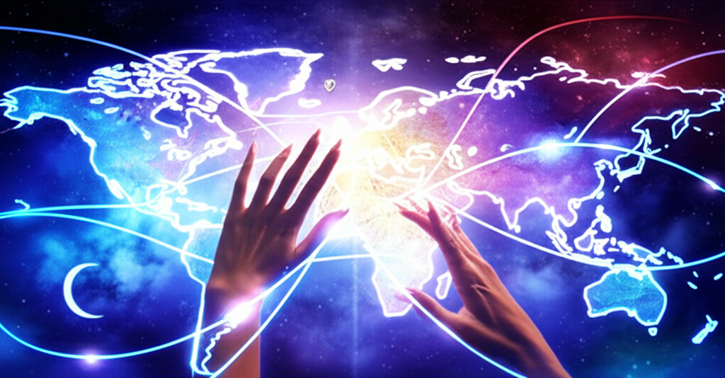 Мистическая карта мира с яркими линиями планет, символизирующая астрологический переезд и поиск идеального места.